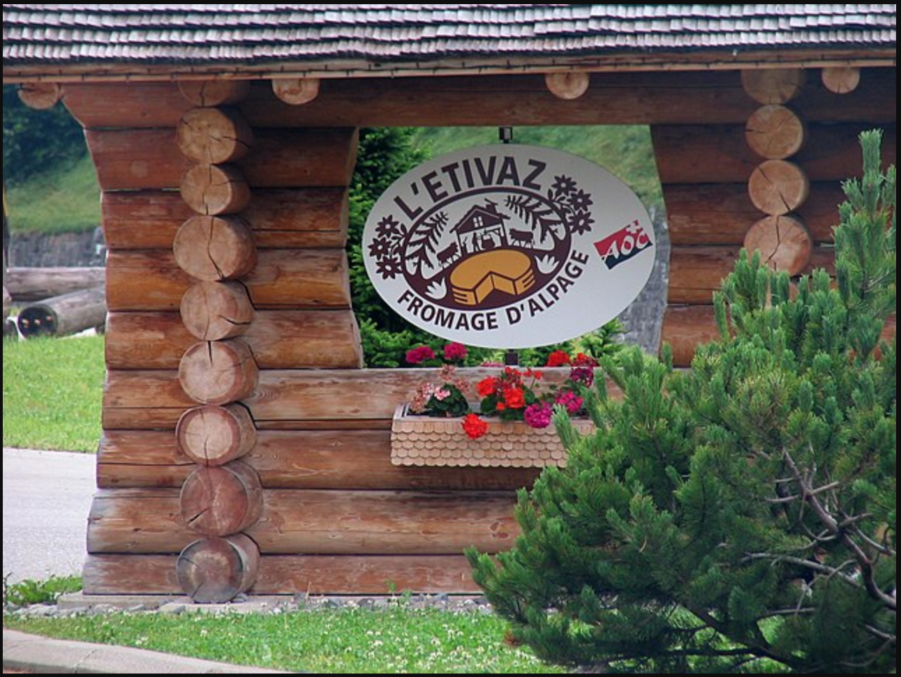 Street sign in A village in Switzerland and a cow's-milk cheese.